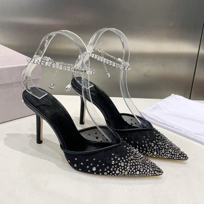 2025 New Mesh Hot Drilled Sexy Versatile Pointed Shallow Mouth Water Diamond Chain High Heels Baotou Sandals for Women - Fashion Palace Royal™