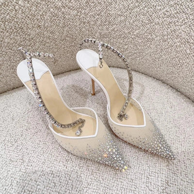2025 New Mesh Hot Drilled Sexy Versatile Pointed Shallow Mouth Water Diamond Chain High Heels Baotou Sandals for Women - Fashion Palace Royal™