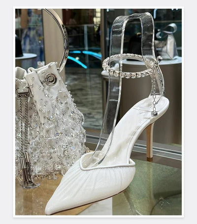 2025 New Mesh Hot Drilled Sexy Versatile Pointed Shallow Mouth Water Diamond Chain High Heels Baotou Sandals for Women - Fashion Palace Royal™