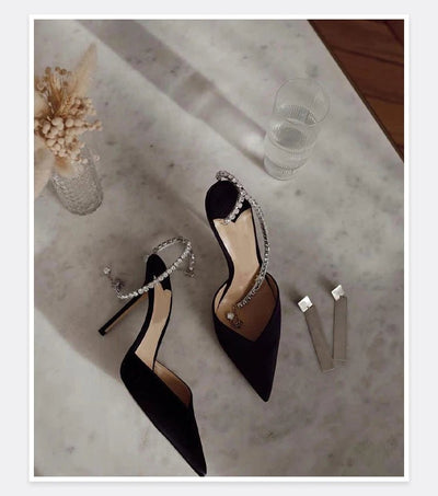 2025 New Mesh Hot Drilled Sexy Versatile Pointed Shallow Mouth Water Diamond Chain High Heels Baotou Sandals for Women - Fashion Palace Royal™