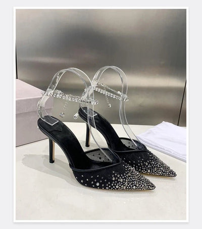 2025 New Mesh Hot Drilled Sexy Versatile Pointed Shallow Mouth Water Diamond Chain High Heels Baotou Sandals for Women - Fashion Palace Royal™