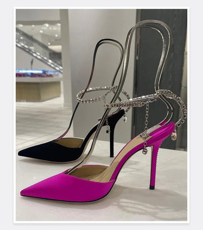 2025 New Mesh Hot Drilled Sexy Versatile Pointed Shallow Mouth Water Diamond Chain High Heels Baotou Sandals for Women - Fashion Palace Royal™