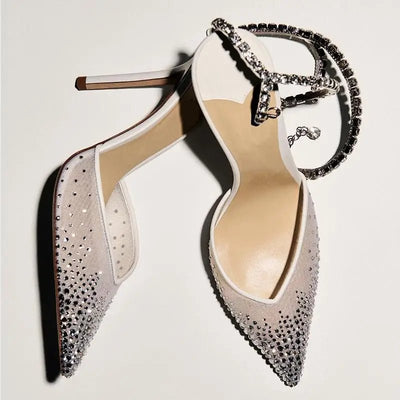 2025 New Mesh Hot Drilled Sexy Versatile Pointed Shallow Mouth Water Diamond Chain High Heels Baotou Sandals for Women - Fashion Palace Royal™