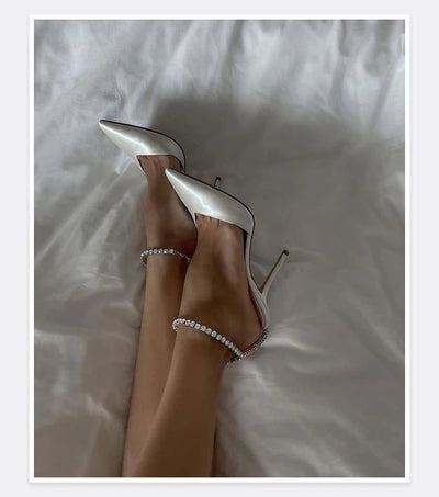2025 New Mesh Hot Drilled Sexy Versatile Pointed Shallow Mouth Water Diamond Chain High Heels Baotou Sandals for Women - Fashion Palace Royal™