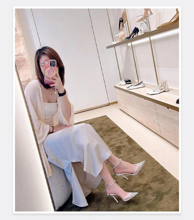 2025 New Mesh Hot Drilled Sexy Versatile Pointed Shallow Mouth Water Diamond Chain High Heels Baotou Sandals for Women - Fashion Palace Royal™