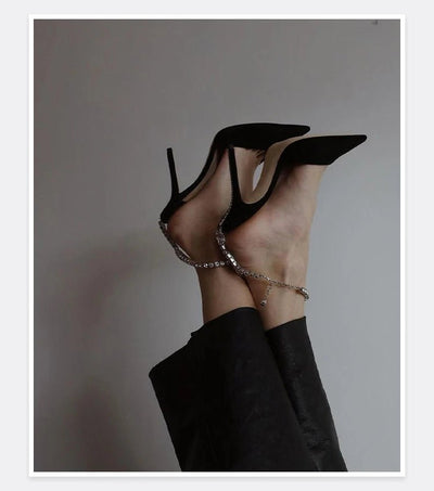 2025 New Mesh Hot Drilled Sexy Versatile Pointed Shallow Mouth Water Diamond Chain High Heels Baotou Sandals for Women - Fashion Palace Royal™