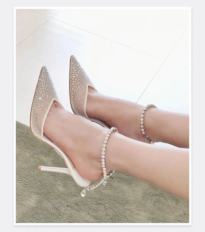 2025 New Mesh Hot Drilled Sexy Versatile Pointed Shallow Mouth Water Diamond Chain High Heels Baotou Sandals for Women - Fashion Palace Royal™