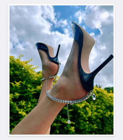 2025 New Mesh Hot Drilled Sexy Versatile Pointed Shallow Mouth Water Diamond Chain High Heels Baotou Sandals for Women - Fashion Palace Royal™
