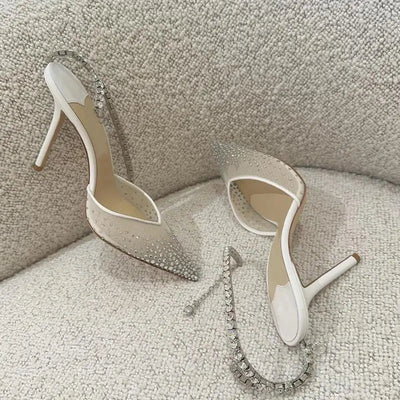 2025 New Mesh Hot Drilled Sexy Versatile Pointed Shallow Mouth Water Diamond Chain High Heels Baotou Sandals for Women - Fashion Palace Royal™