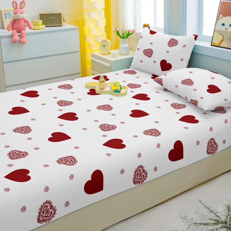 1 Simple Modern Heart-Shaped Printed Matte Fitted Sheet, Bedroom Printed Bed Cover, Bedding (Excluding Pillowcases)