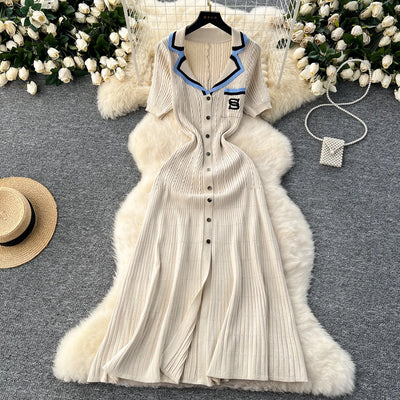 YuooMuoo 2024 Summer Women Knitted Long Dress Brand Fashion Turn-down Collar A-line Sweater Dress Elegant Lady Office Dress Robe