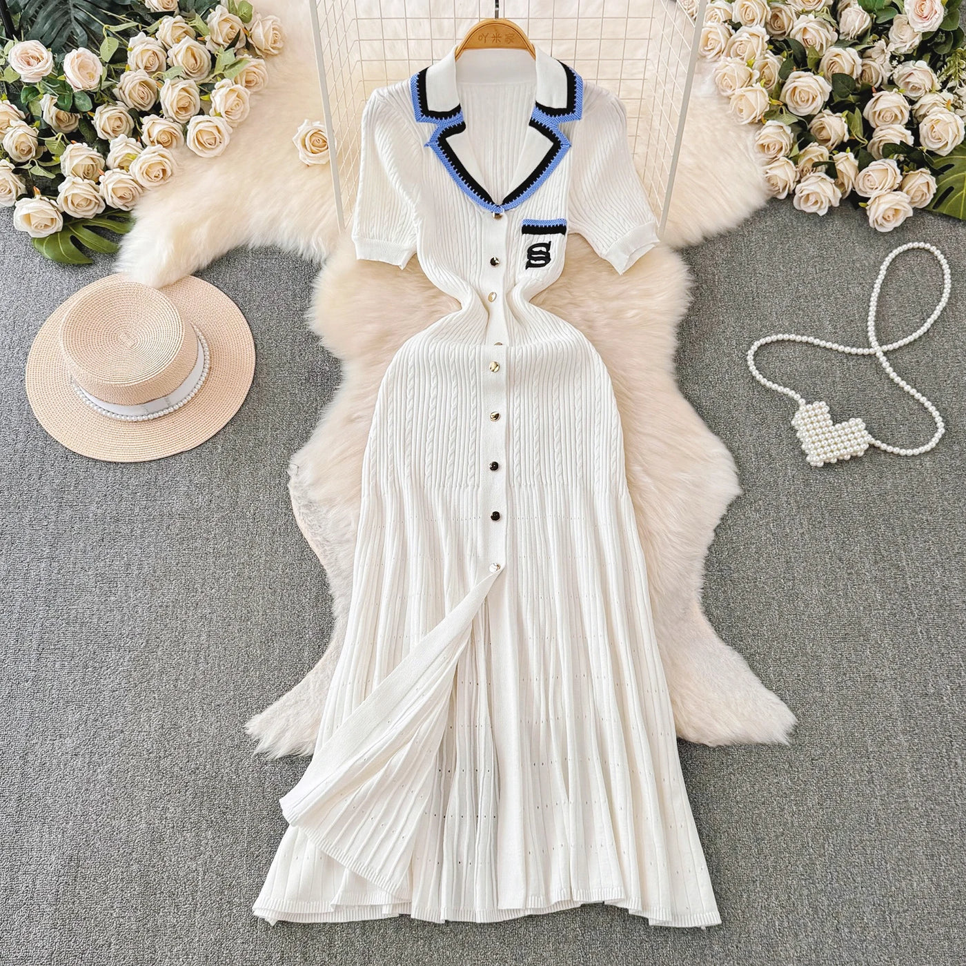 YuooMuoo 2024 Summer Women Knitted Long Dress Brand Fashion Turn-down Collar A-line Sweater Dress Elegant Lady Office Dress Robe