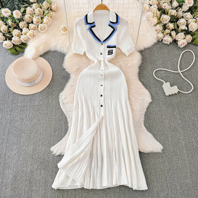 YuooMuoo 2024 Summer Women Knitted Long Dress Brand Fashion Turn-down Collar A-line Sweater Dress Elegant Lady Office Dress Robe