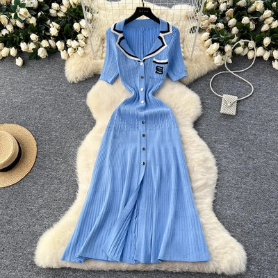 YuooMuoo 2024 Summer Women Knitted Long Dress Brand Fashion Turn-down Collar A-line Sweater Dress Elegant Lady Office Dress Robe