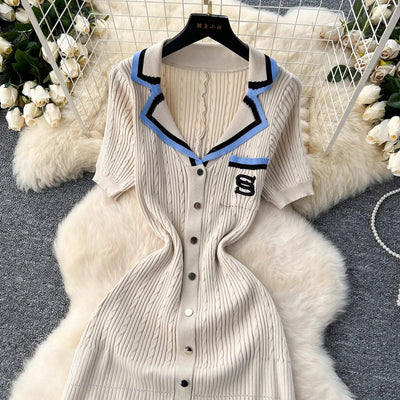 YuooMuoo 2024 Summer Women Knitted Long Dress Brand Fashion Turn-down Collar A-line Sweater Dress Elegant Lady Office Dress Robe