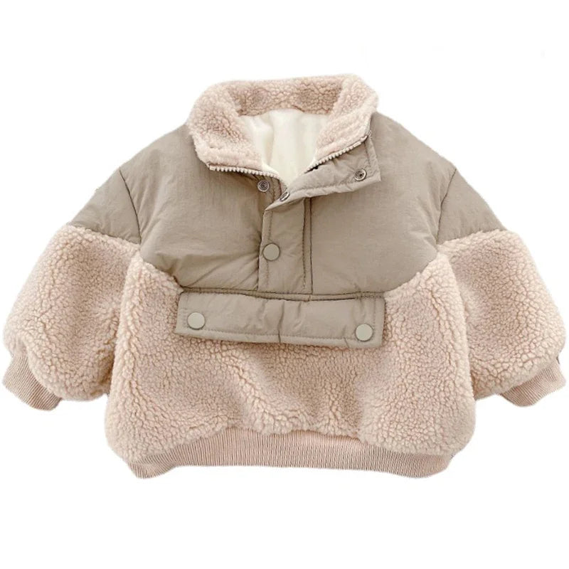 0-6Yrs Children Girls Laml Wool Stitching Coat Warm Autumn Girls Plus Velvet Jackets Winter Kids Clothing Outfits
