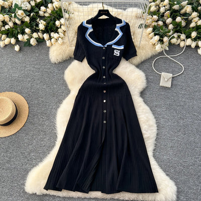 YuooMuoo 2024 Summer Women Knitted Long Dress Brand Fashion Turn-down Collar A-line Sweater Dress Elegant Lady Office Dress Robe