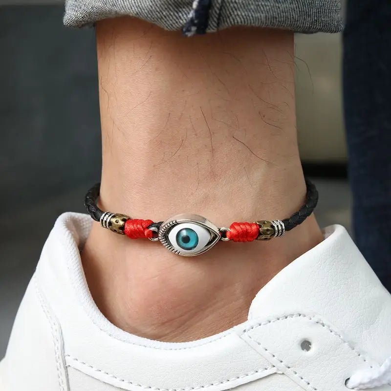 AAK003, Handmade Lucky Turkish Blue Evil Eye Foot Jewelry for Men Barefoot Sandal Chain Charms Leather Black/Red Rope Anklet - Fashion Palace Royal™