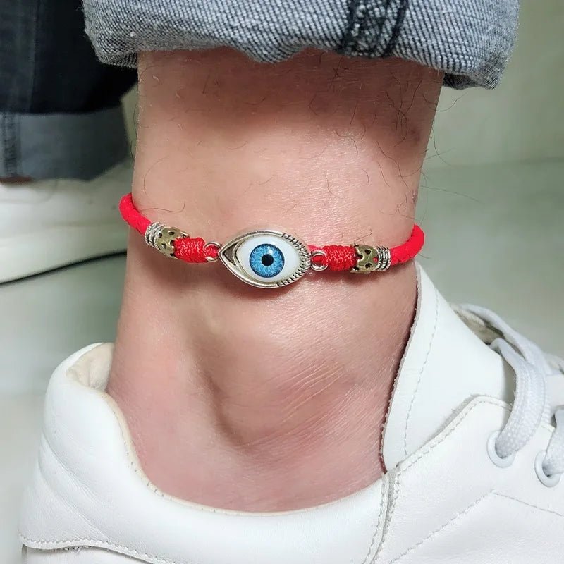 AAK003, Handmade Lucky Turkish Blue Evil Eye Foot Jewelry for Men Barefoot Sandal Chain Charms Leather Black/Red Rope Anklet - Fashion Palace Royal™