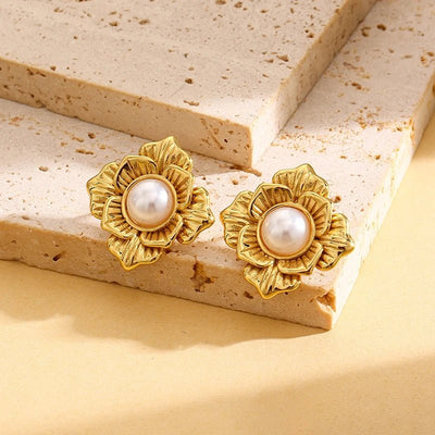 EILIECK 316L Stainless Steel Flower Pearl Stud Earrings For Women Girl Fashion New Gold Color Waterproof Jewelry Lady Gift - Fashion Palace Royal™
