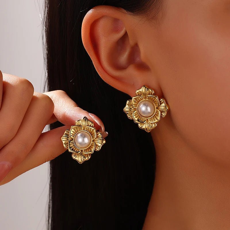 EILIECK 316L Stainless Steel Flower Pearl Stud Earrings For Women Girl Fashion New Gold Color Waterproof Jewelry Lady Gift - Fashion Palace Royal™