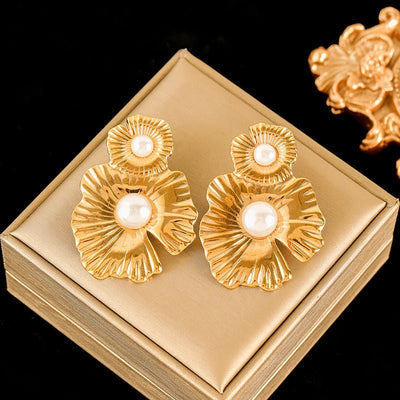 EILIECK 316L Stainless Steel Flower Pearl Stud Earrings For Women Girl Fashion New Gold Color Waterproof Jewelry Lady Gift - Fashion Palace Royal™