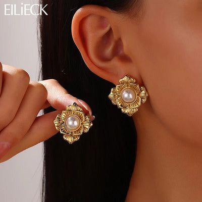 EILIECK 316L Stainless Steel Flower Pearl Stud Earrings For Women Girl Fashion New Gold Color Waterproof Jewelry Lady Gift - Fashion Palace Royal™