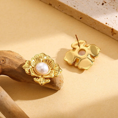 EILIECK 316L Stainless Steel Flower Pearl Stud Earrings For Women Girl Fashion New Gold Color Waterproof Jewelry Lady Gift - Fashion Palace Royal™