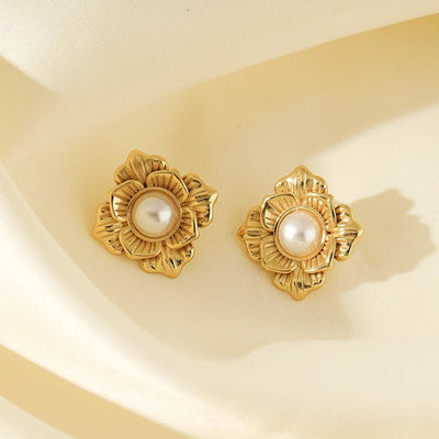 EILIECK 316L Stainless Steel Flower Pearl Stud Earrings For Women Girl Fashion New Gold Color Waterproof Jewelry Lady Gift - Fashion Palace Royal™