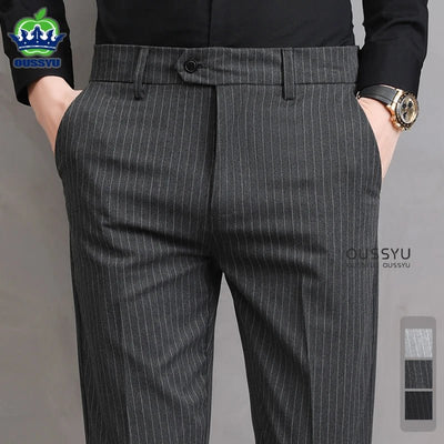 England Stripe Pattern Formal Dress Slim Fit Pants Men Summer Thin Light Gray Black Breathable Korea Skinny Casual Trousers Male - Fashion Palace Royal™